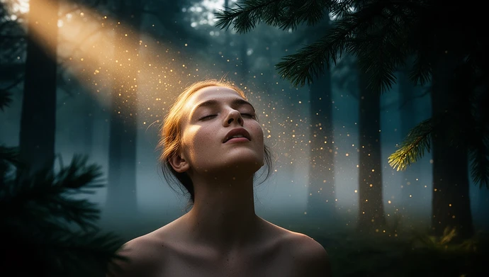 Femeie respirând în pădurea de conifere