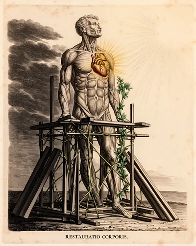 Corp uman ca structură în restaurare, sprijinit de schele de lemn, cu inima aurită și raze de soare; planșă anatomică vintage