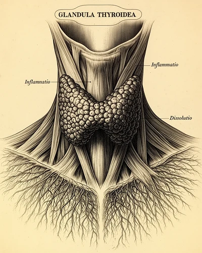 Glanda tiroidă inflamată, în registru de planșă anatomică vintage