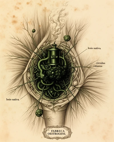 Leziune endometriozică ca fabrică de estrogen, în registru de planșă anatomică vintage